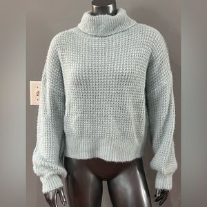 NWT Light Blue Fuzzy Rib-Knit Turtleneck Oversized Sweater